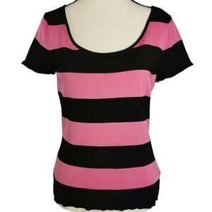 Lauren Ralph Lauren Pink Black Striped Knit Top Short Sleeve Sweater Size S